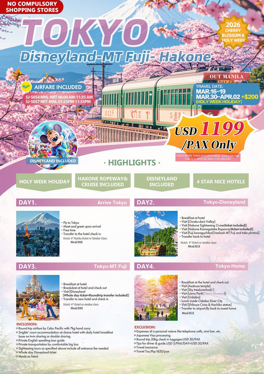 Tokyo Disneyland-Mt Fuji-Hakone Tour Package